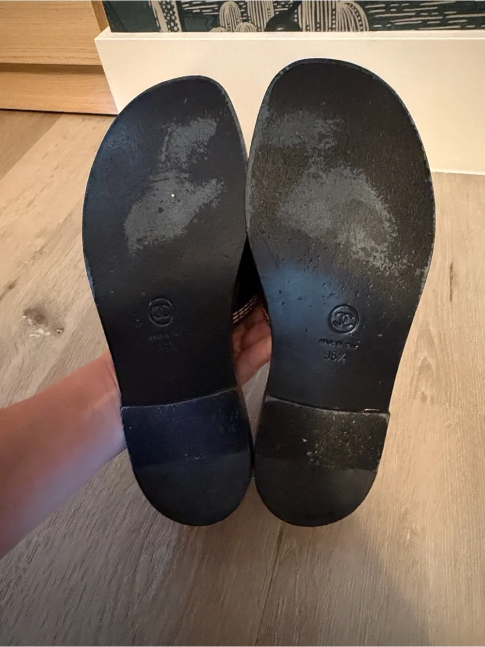 CHANEL Black Leather Slide Sandals with Pink and Yellow Stitching